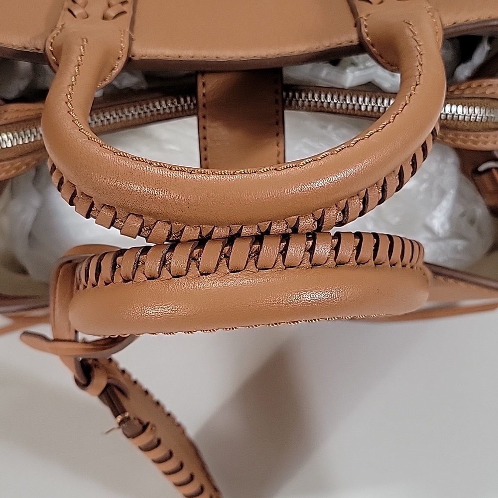 Polo by Ralph Lauren Camel Leather Satchel with Braided Trim Crossbody Bag - Picture 7 of 16